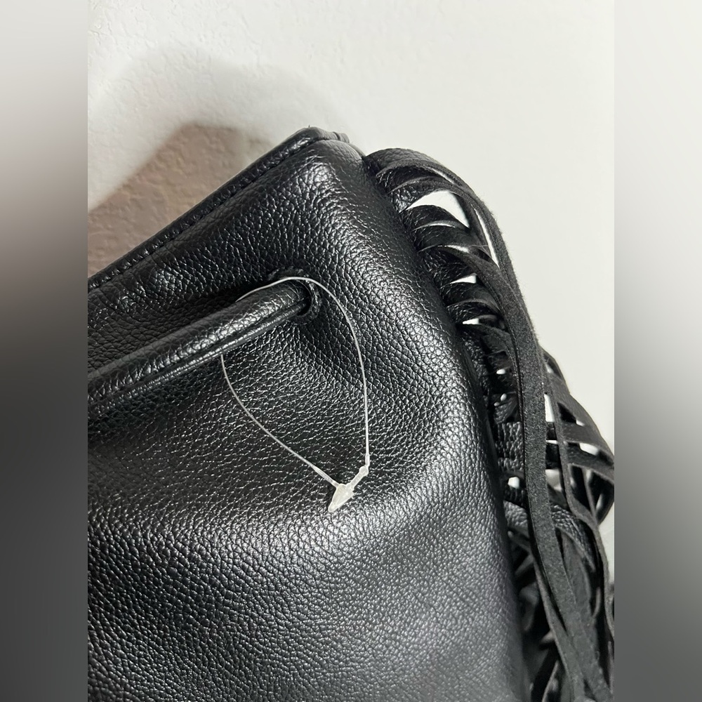 Victoria's Secret Fringe Bucket Bag Drawstring Black Faux Leather Large NWOT - Picture 3 of 16
